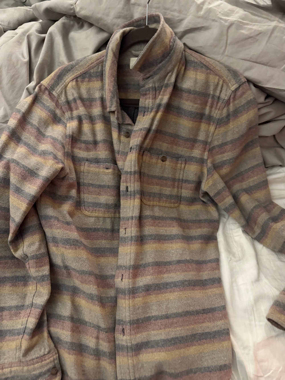 Marine Layer Striped Lined Shirt-Jacket in Heather Gray with Muted Earth Stripes
